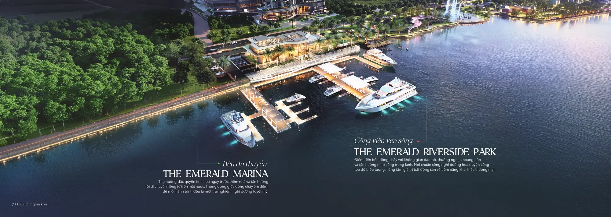 Phối cảnh bến du thuyền sang trọng The Emerald Marina kết hợp công viên xanh ven sông The Emerald Riverside Park thuộc dự án The Emerald Riverpark