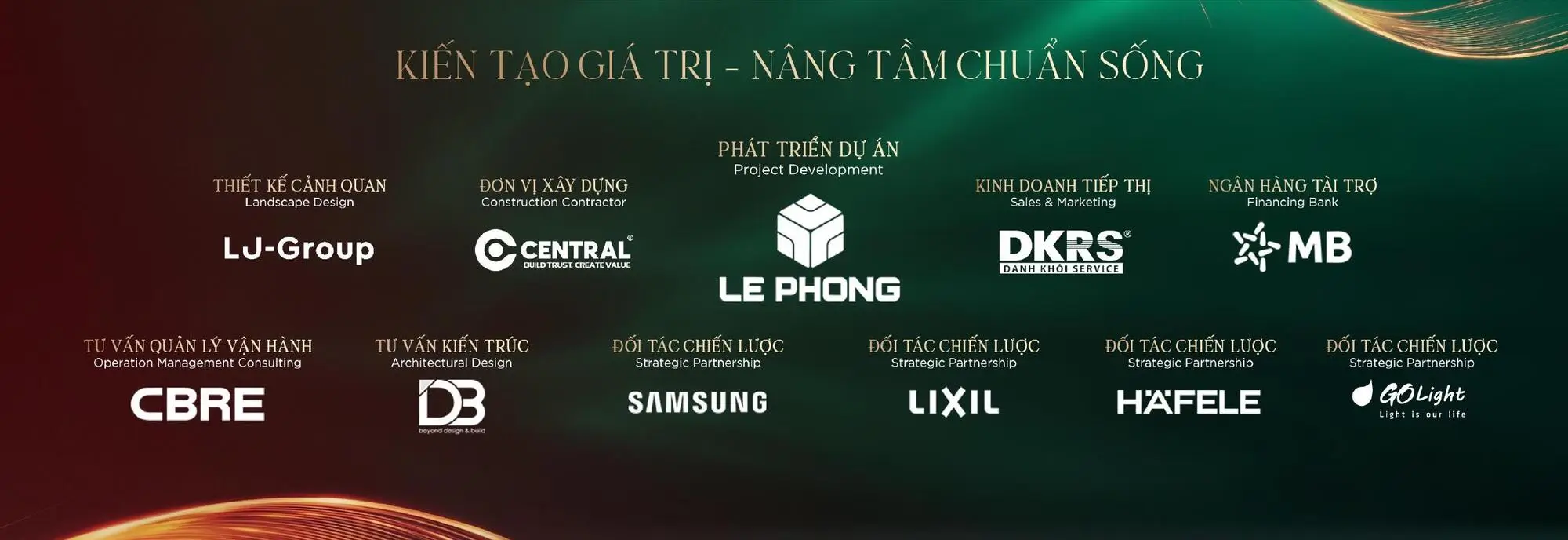 Danh sách các đối tác chiến lược dự án The Emerald Riverpark bao gồm Lê Phong, Central, CBRE, DKRS, MB Bank, LJ-Group, DB, Samsung, Lixil, Hafele, GoLight