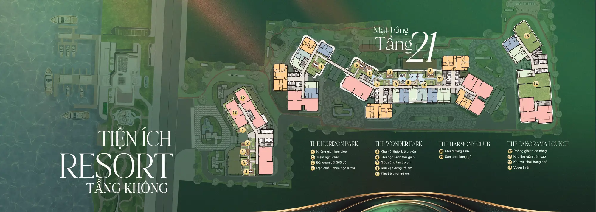 Sơ đồ bố trí tiện ích resort tầng không (tầng 21) dự án The Emerald Riverpark gồm đài quan sát 360 độ, không gian làm việc, thư viện và vườn thiền