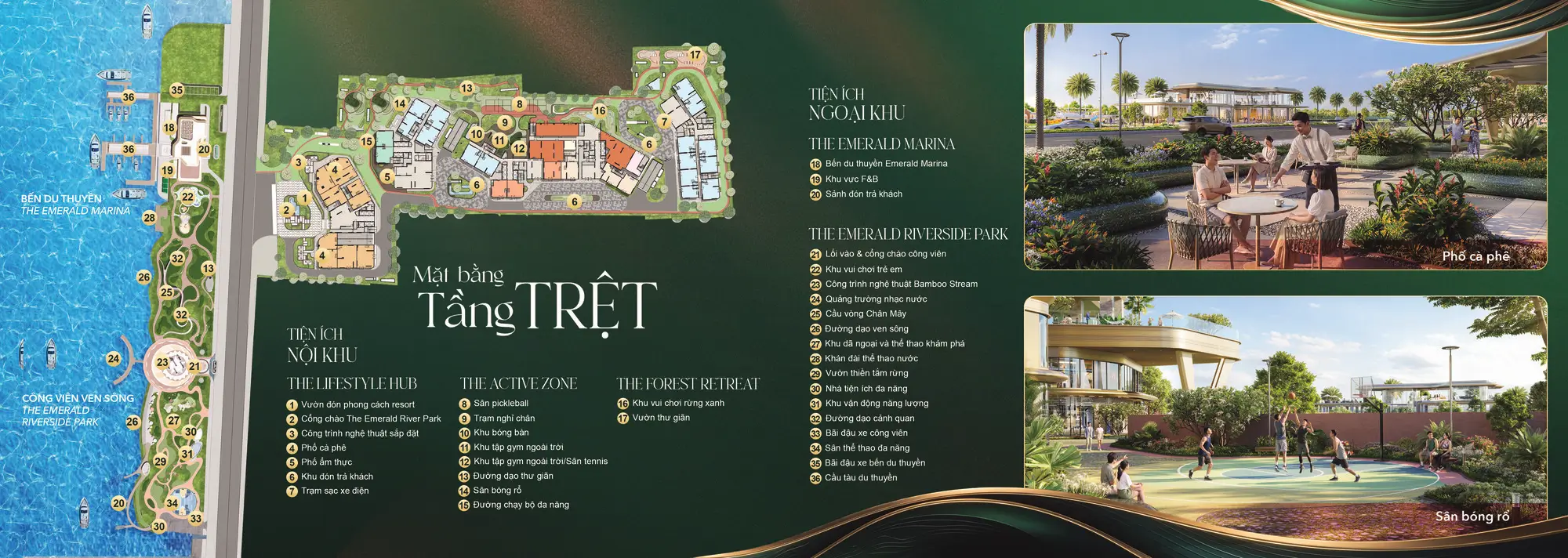 Sơ đồ chi tiết chuỗi tiện ích nội khu và ngoại khu tầng trệt dự án The Emerald Riverpark gồm sân bóng rổ, phố cà phê, bến du thuyền, công viên ven sông