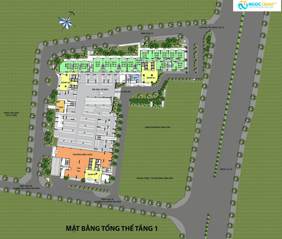 Mặt bằng tầng 1 shophouse và bãi đỗ xe dự án Serena Riverside
