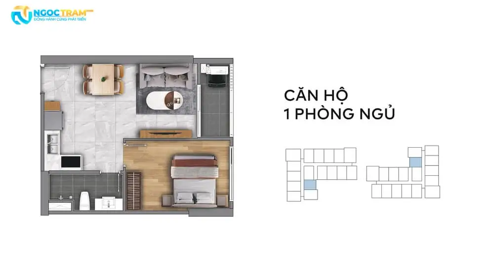 Layout thiết kế căn hộ 1 phòng ngủ dự án Fenica Dĩ An Bình Dương