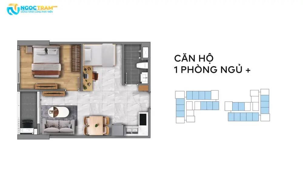 Layout thiết kế căn hộ 1 phòng ngủ cộng một dự án Fenica Dĩ An Bình Dương