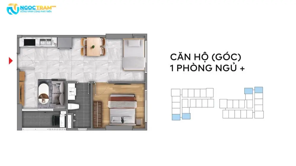 Layout thiết kế căn hộ góc 1 phòng ngủ cộng một dự án Fenica Dĩ An Bình Dương