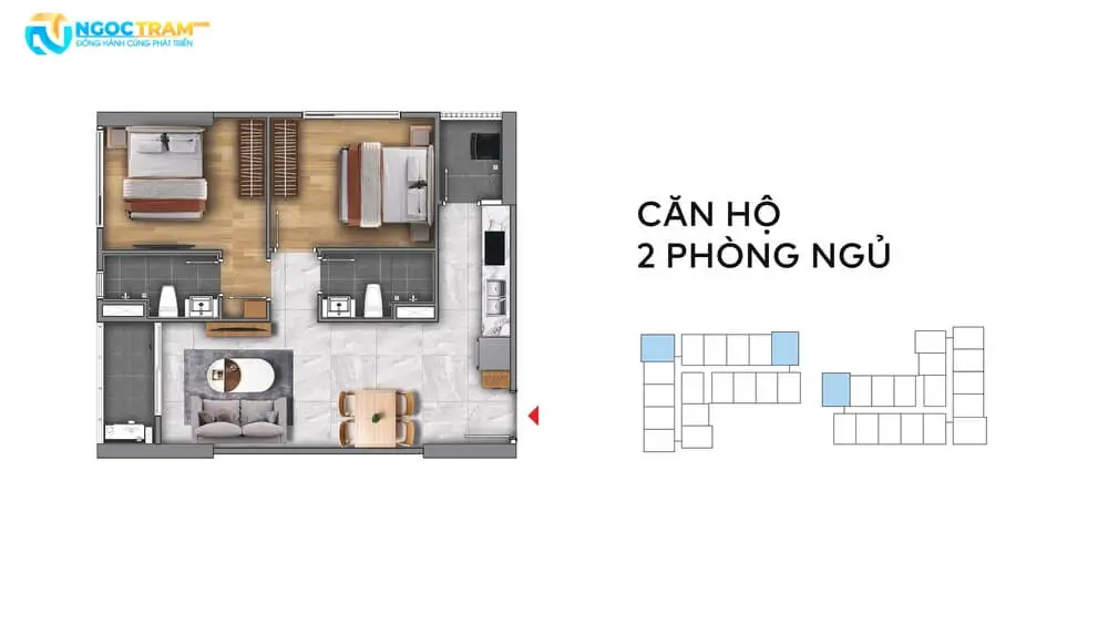Layout thiết kế căn hộ 2 phòng ngủ dự án Fenica Dĩ An Bình Dương