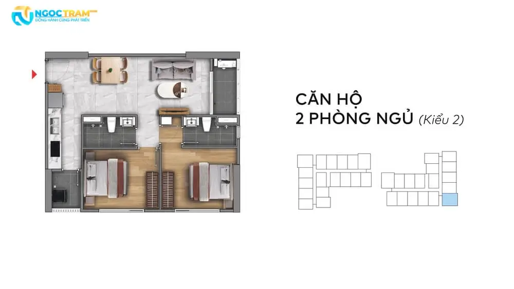 Layout thiết kế căn hộ 2 phòng ngủ kiểu 2 dự án Fenica Dĩ An Bình Dương