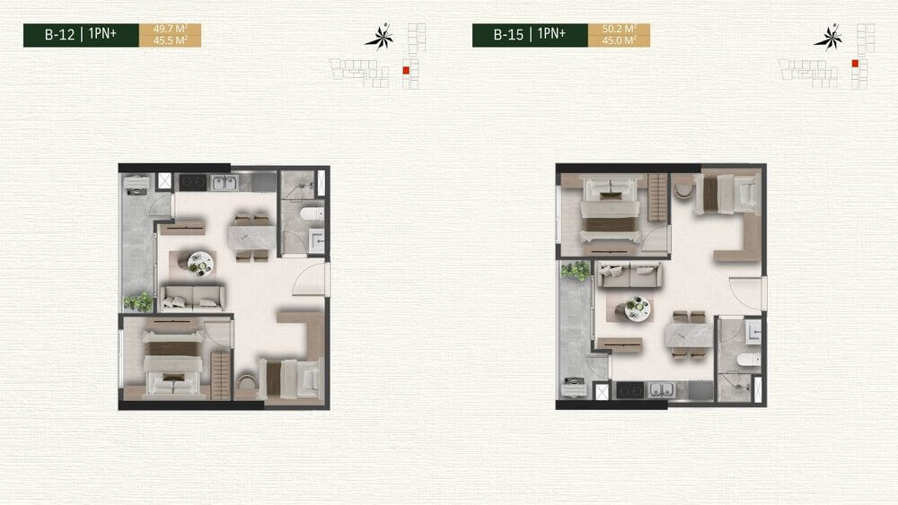 Mặt bằng căn hộ 1PN+ B-12 và B-15 dự án A&T Saigon Riverside