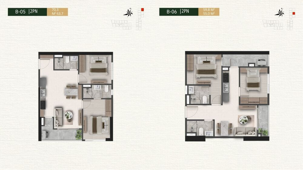 Mặt bằng căn hộ 2 phòng ngủ B-05 và B-06 dự án A&T Saigon Riverside