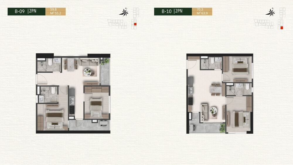 Mặt bằng căn hộ 2 phòng ngủ B-09 và B-10 dự án A&T Saigon Riverside