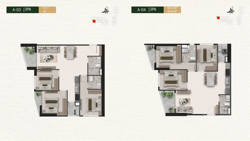 Mặt bằng căn hộ 3 phòng ngủ A-03 và A-04 dự án A&T Saigon Riverside