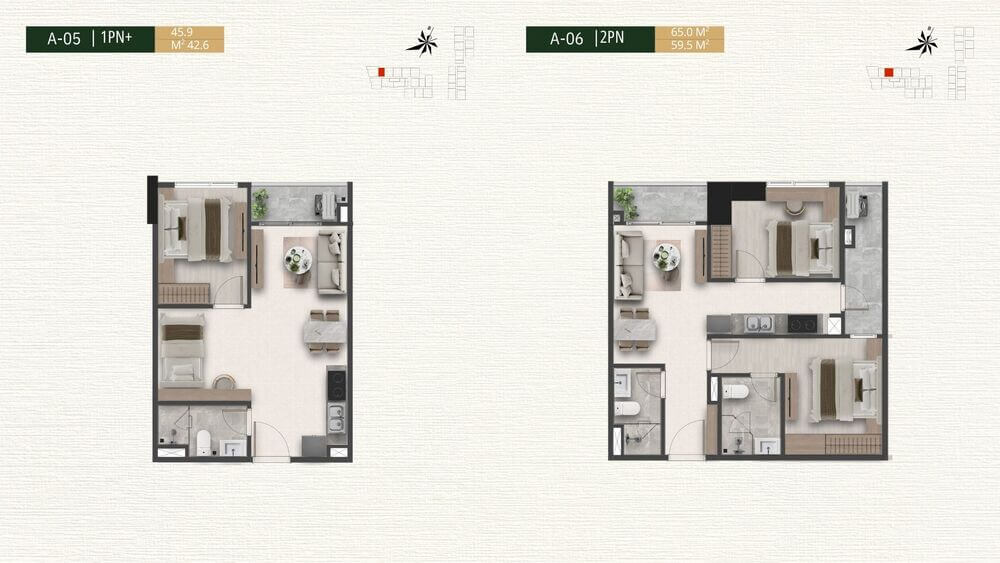 Sơ đồ mặt bằng chi tiết căn hộ 1 phòng ngủ cộng (A-05) và 2 phòng ngủ (A-06) tại dự án A&T Saigon Riverside.