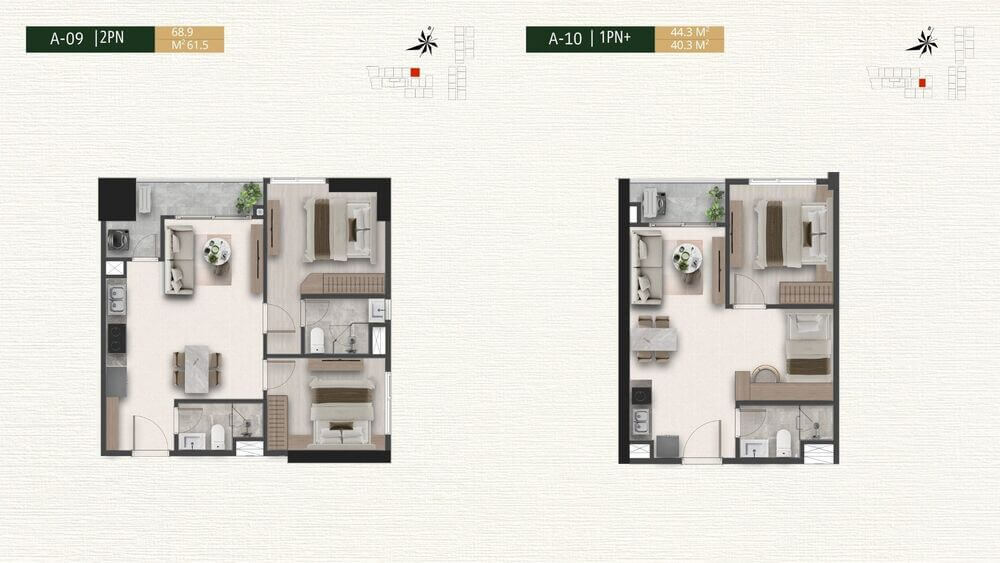 Mặt bằng căn hộ A-09 2PN và A-10 1PN+ dự án A&T Saigon Riverside