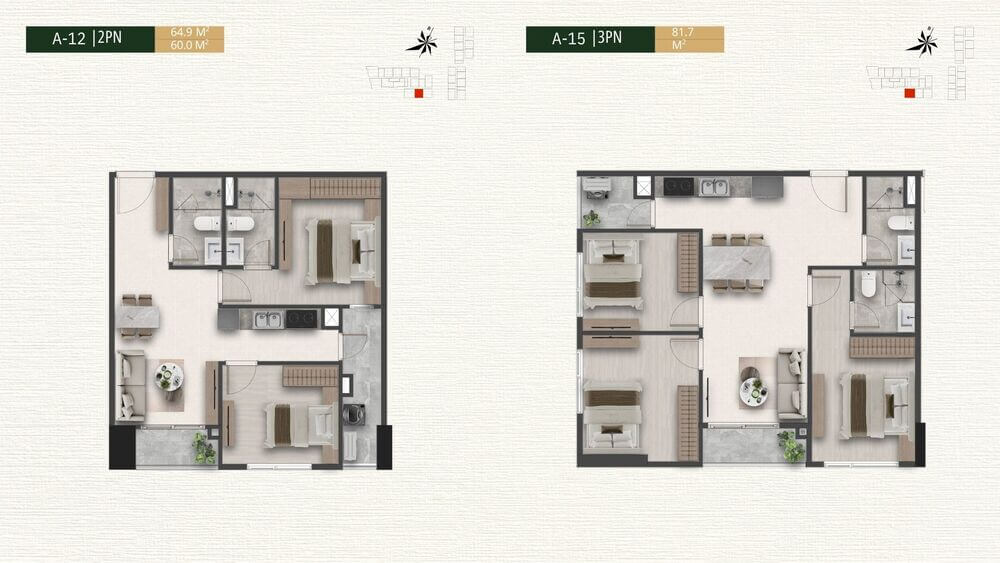 Mặt bằng căn hộ A-12 2PN và A-15 3PN dự án A&T Saigon Riverside