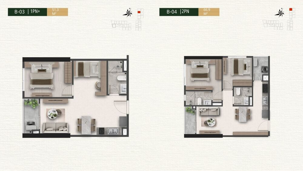 Mặt bằng căn hộ B-03 1PN+ và B-04 2PN dự án A&T Saigon Riverside