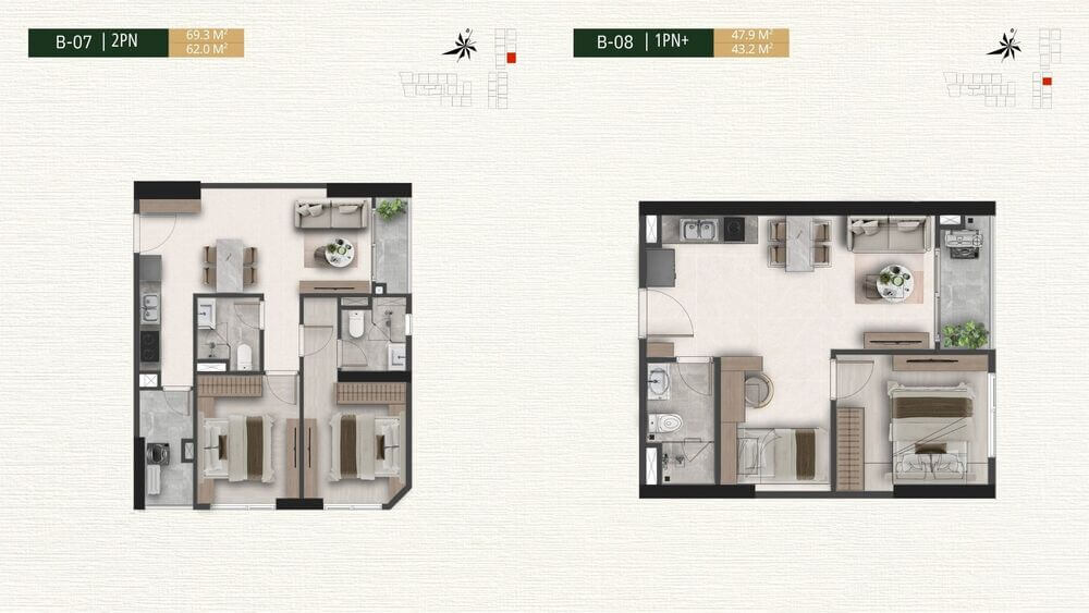 Mặt bằng căn hộ B-07 2PN và B-08 1PN+ dự án A&T Saigon Riverside