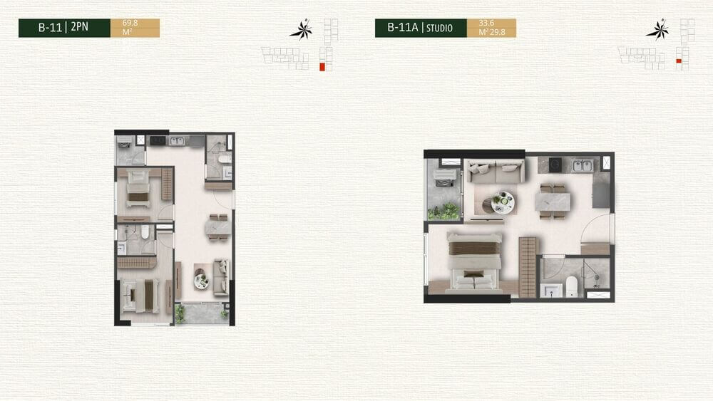 Mặt bằng căn hộ B-11 2PN và B-11A Studio dự án A&T Saigon Riverside