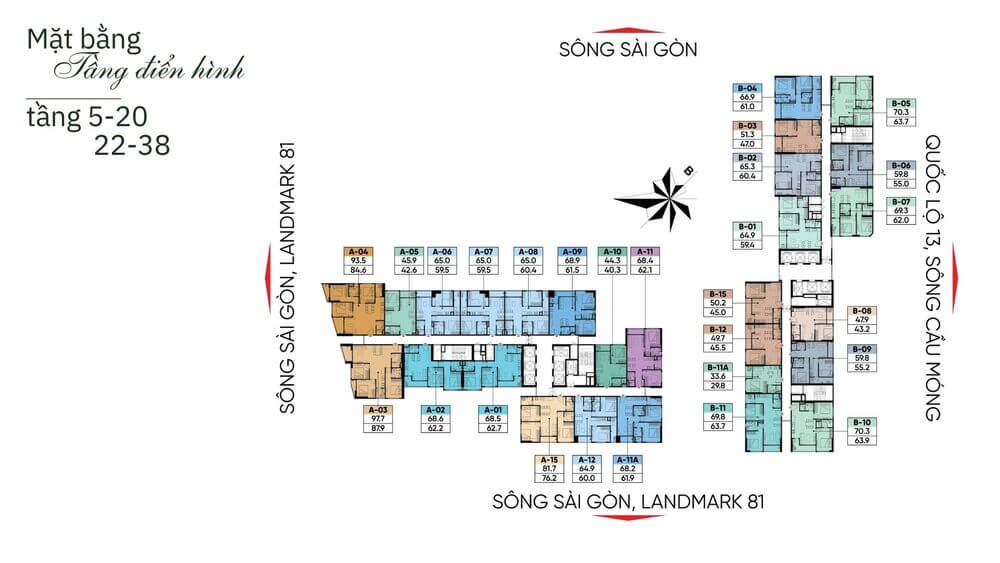 Mặt bằng tầng điển hình tầng 5-20 và 22-38 dự án A&T Saigon Riverside