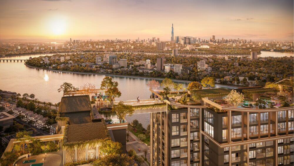 Tầm nhìn đắt giá hướng ra dòng sông Sài Gòn thơ mộng từ không gian trên cao của dự án A&T Saigon Riverside.