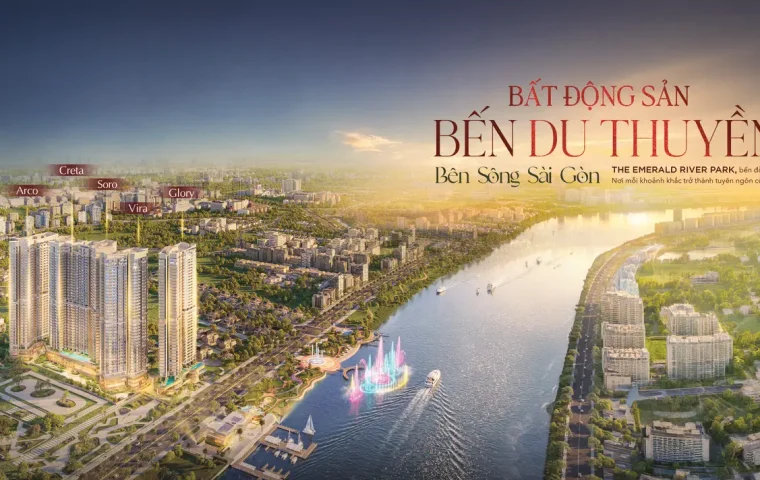 Phối cảnh quy hoạch tổng thể 5 tòa tháp Arco Creta Soro Vira Glory dự án The Emerald Riverpark bên sông Sài Gòn kèm thông số quy mô