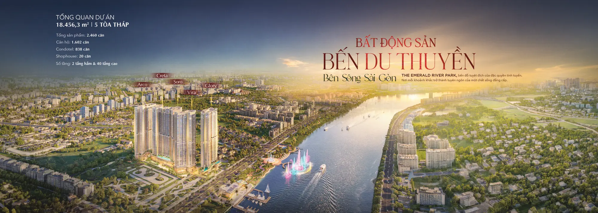 Phối cảnh quy hoạch tổng thể 5 tòa tháp Arco Creta Soro Vira Glory dự án The Emerald Riverpark bên sông Sài Gòn kèm thông số quy mô