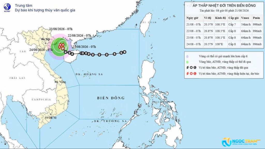 Bản đồ dự báo vị trí và hướng di chuyển của áp thấp nhiệt đới trên Biển Đông.