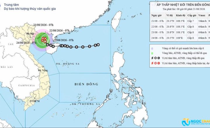 Bản đồ dự báo vị trí và hướng di chuyển của áp thấp nhiệt đới trên Biển Đông.