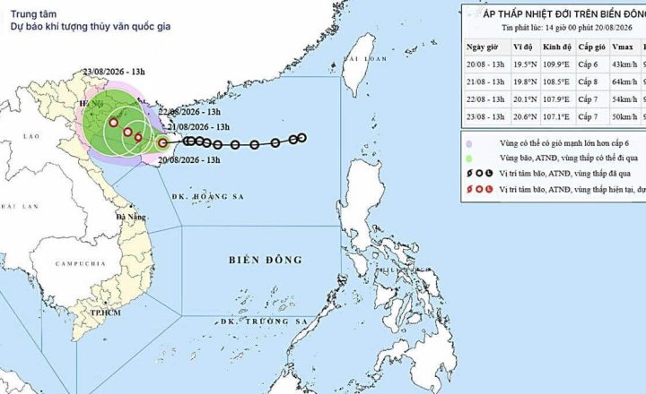 Đường đi dự báo áp thấp nhiệt đới trên Biển Đông ngày 20-8-2026