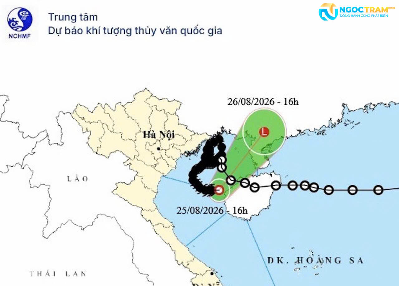 Bản đồ dự báo cho thấy bão số 4 đã suy yếu thành áp thấp nhiệt đới trên Vịnh Bắc Bộ.