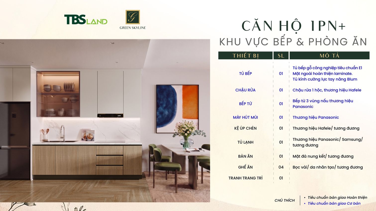 Khu vực bếp và phòng ăn căn hộ 1PN+ Green Skyline tiện nghi, cao cấp