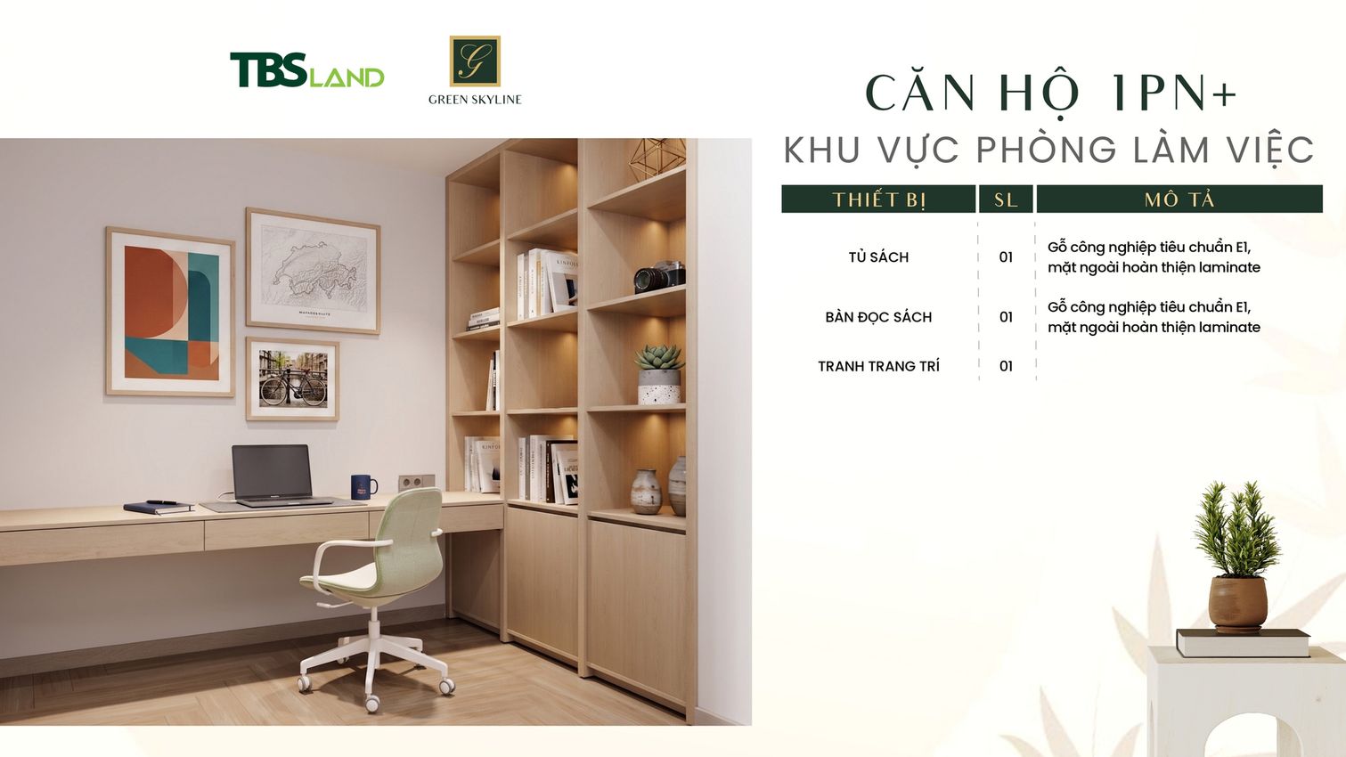 Không gian phòng làm việc và góc đọc sách thông minh tại căn hộ 1PN+ Green Skyline