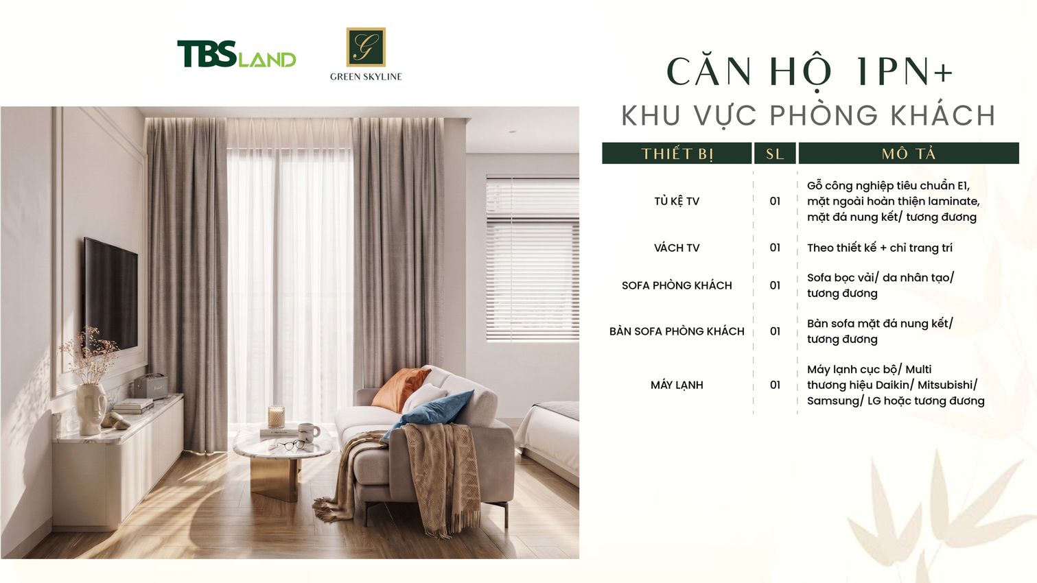 Không gian phòng khách căn hộ 1PN+ Green Skyline thiết kế hiện đại, sang trọng