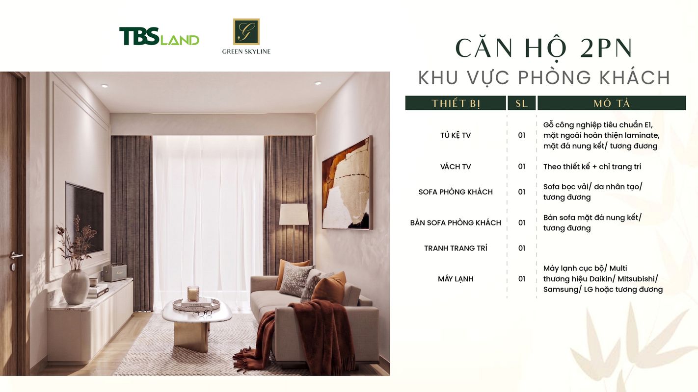 Không gian phòng khách căn hộ 2PN Green Skyline thiết kế hiện đại và sang trọng