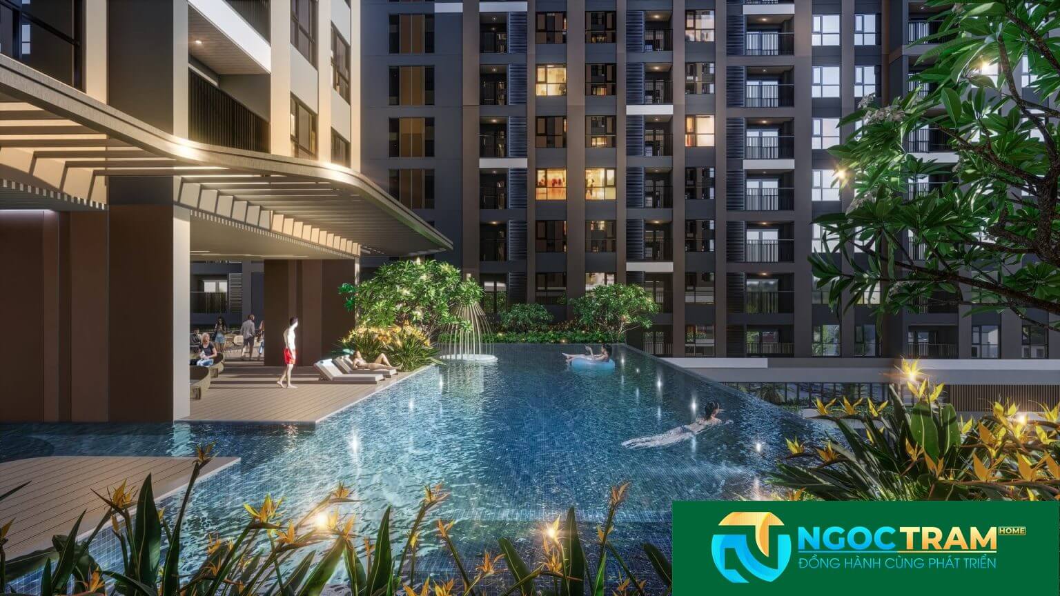 Khu vực hồ bơi và không gian nghỉ dưỡng hoàng hôn tại A&T Sky Garden