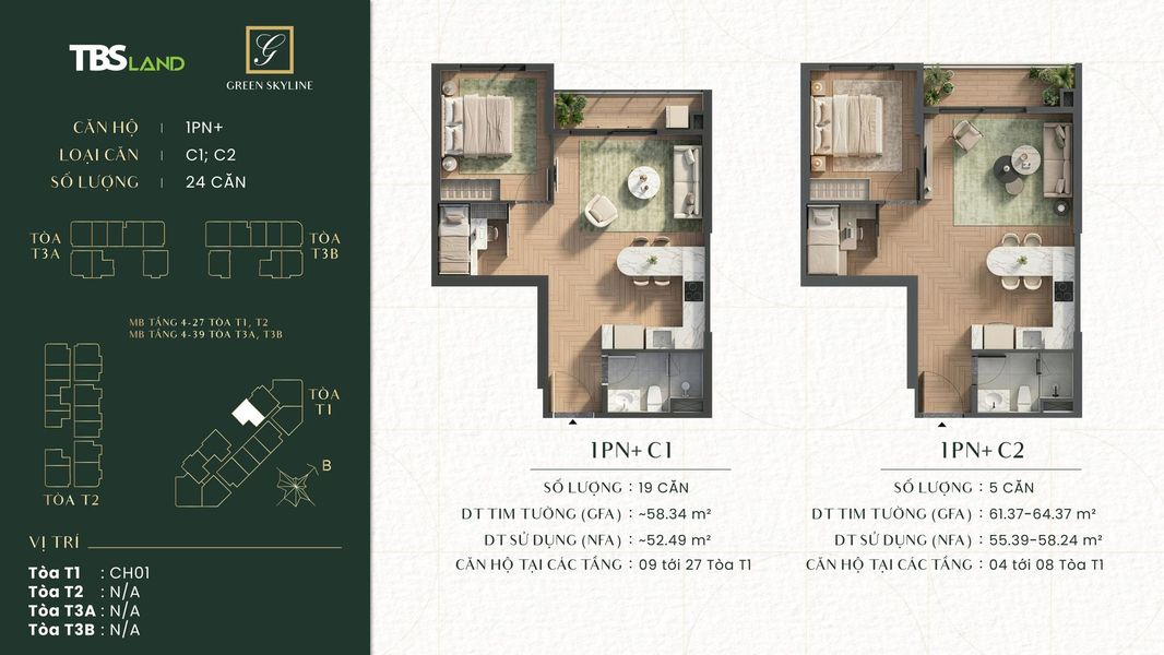 Layout thiết kế mặt bằng căn hộ 1PN+ loại C1 và C2 dự án Green Skyline