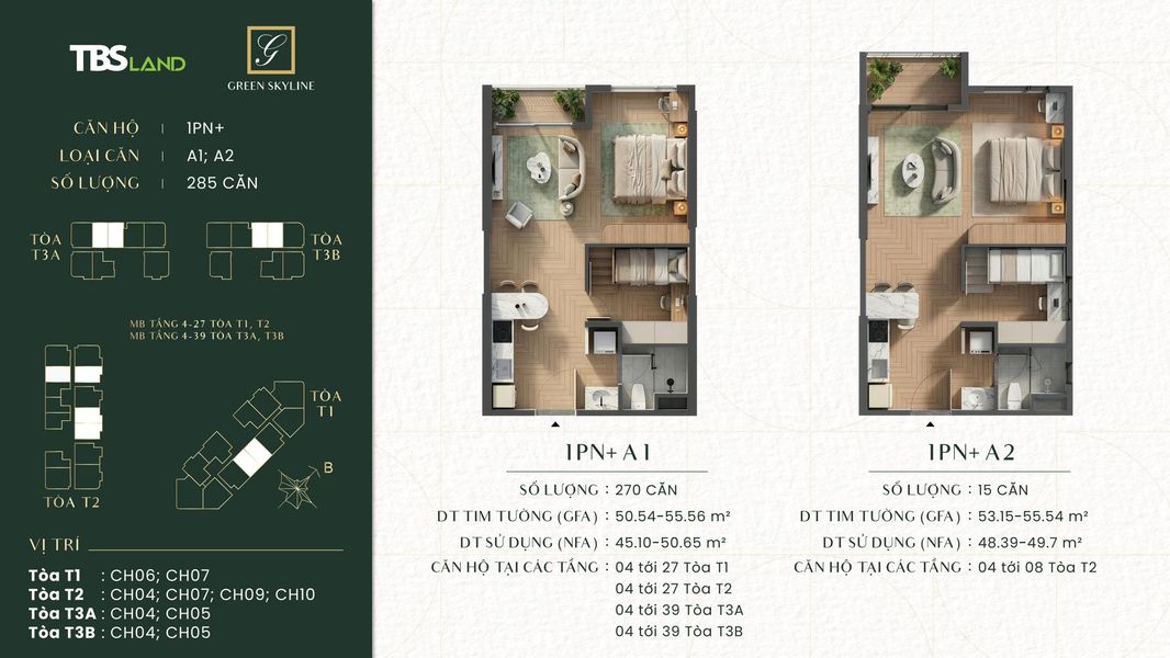 Mặt bằng thiết kế chi tiết căn hộ 1PN+ loại A1 và A2 Green Skyline TBS Land