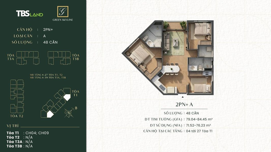 Layout thiết kế mặt bằng căn hộ 2 phòng ngủ cộng loại A Green Skyline