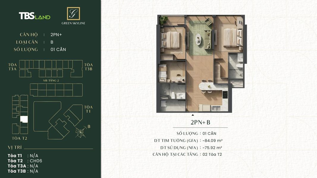 Sơ đồ mặt bằng căn hộ 2 phòng ngủ cộng loại B dự án Green Skyline