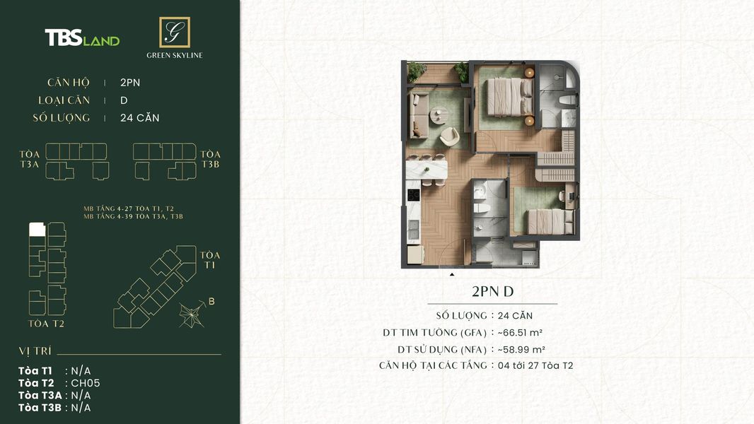 Sơ đồ mặt bằng căn hộ 2 phòng ngủ loại D dự án Green Skyline