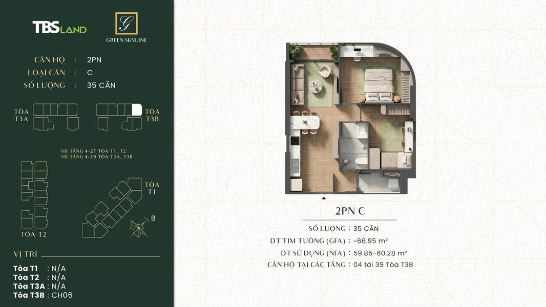 Layout thiết kế mặt bằng căn hộ 2 phòng ngủ loại C Green Skyline