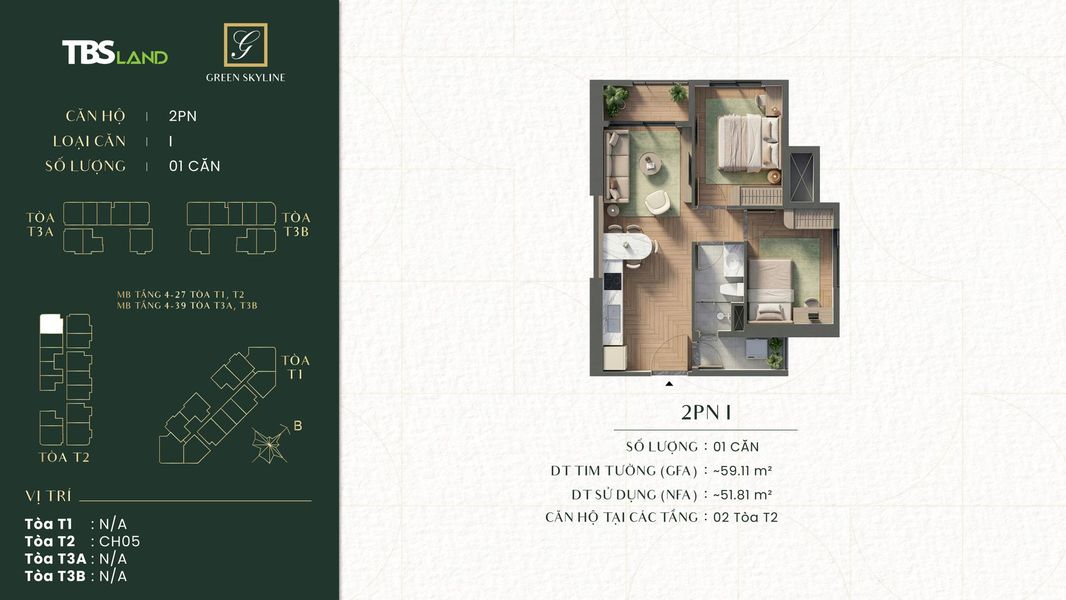 Sơ đồ mặt bằng căn hộ 2 phòng ngủ loại I dự án Green Skyline
