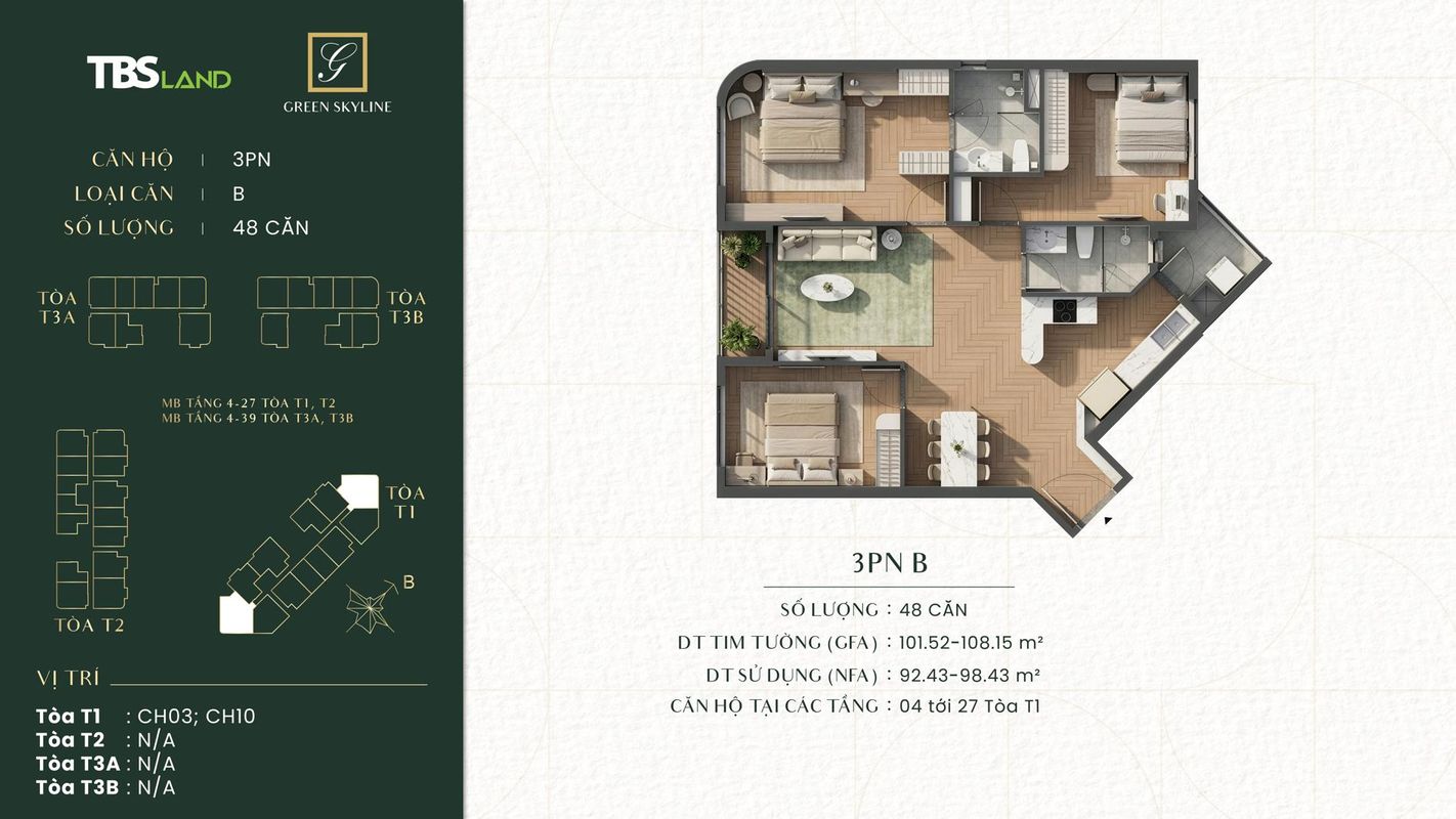 Sơ đồ mặt bằng căn hộ 3 phòng ngủ loại B dự án Green Skyline