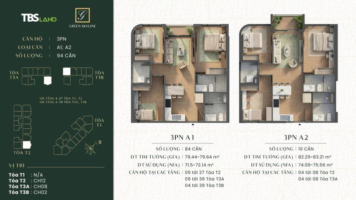 ayout mặt bằng căn hộ 3 phòng ngủ loại A1 A2 dự án Green Skyline