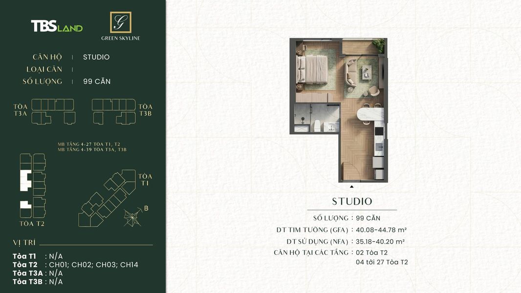 Layout thiết kế mặt bằng căn hộ Studio dự án Green Skyline TBS Land