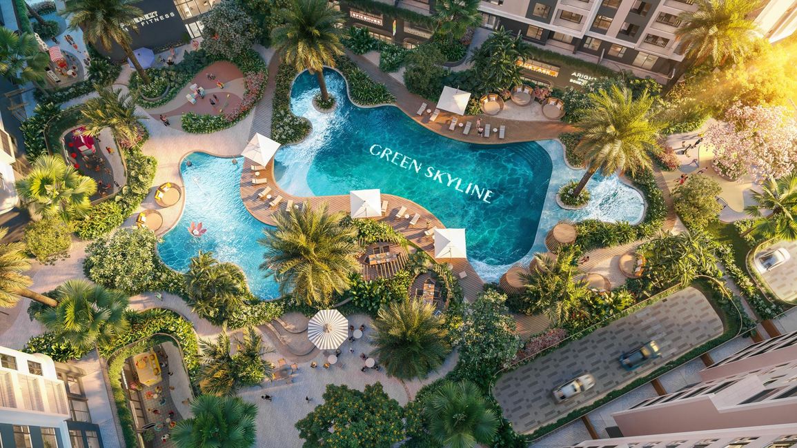 Phối cảnh hồ bơi trung tâm và cảnh quan nội khu Green Skyline