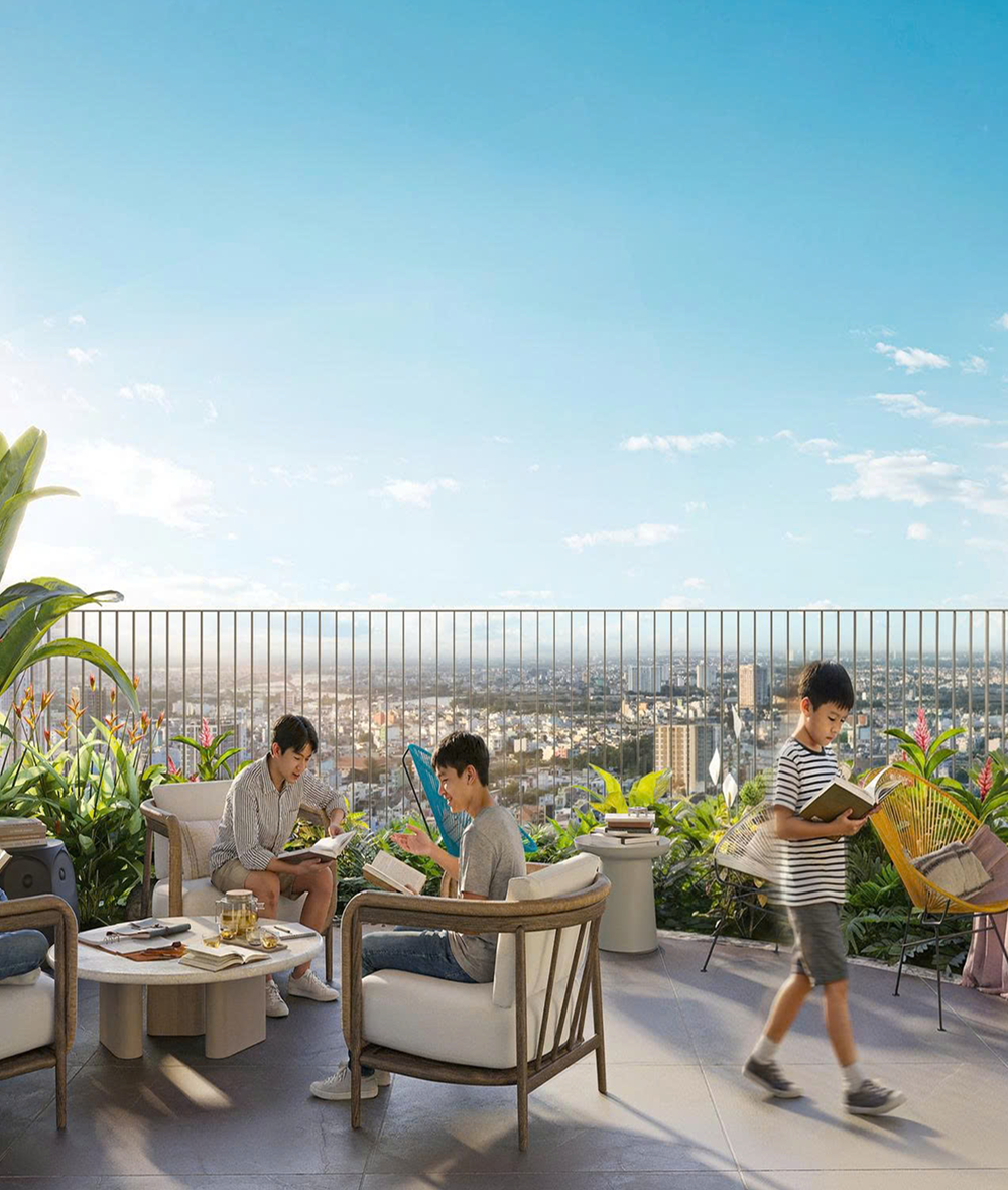 Không gian đọc sách và góc thư giãn ngoài trời trên cao tại Green Skyline