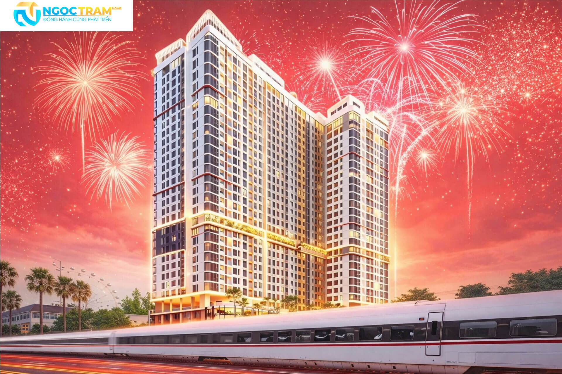 Toàn cảnh các tòa tháp căn hộ The Collection 688 Bình Dương rực rỡ ánh đèn và pháo hoa
