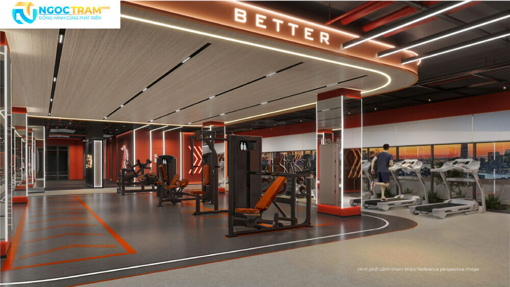 Không gian phòng tập Gym rộng rãi với máy chạy bộ và thiết bị tập luyện tại The Collection 688 Bình Dương
